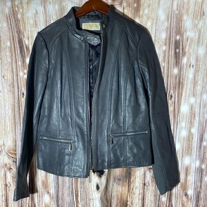Michael Kors Gray Leather Woman's Trendy Lined Jacket W/Flex Side Panels Large